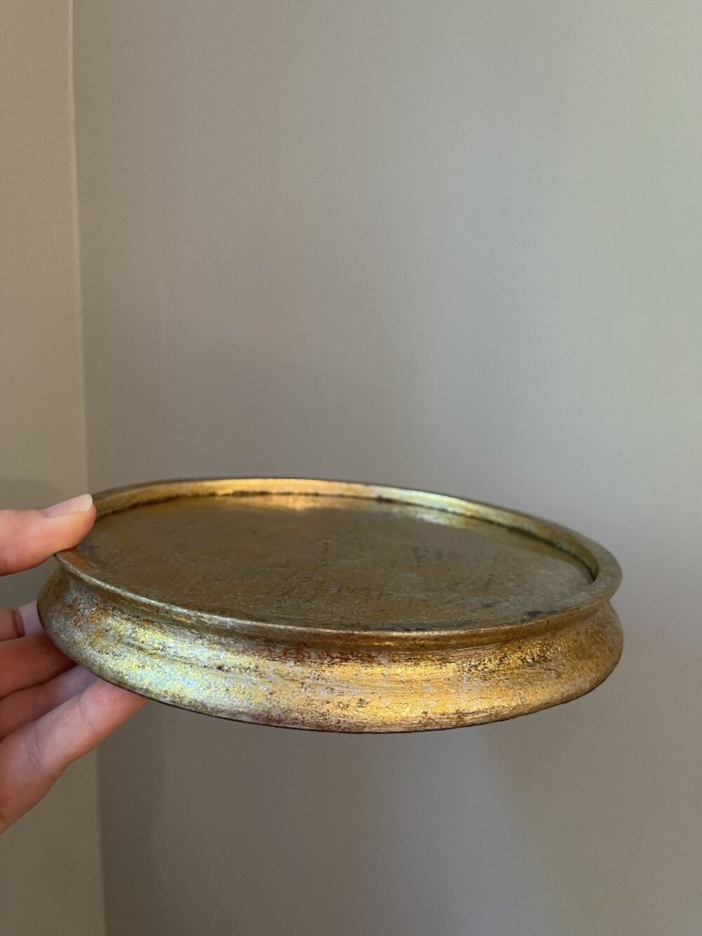 Gold Gilted Round Cloche Base Or Riser Tray 7" Diameter With Vintage Patina Fini